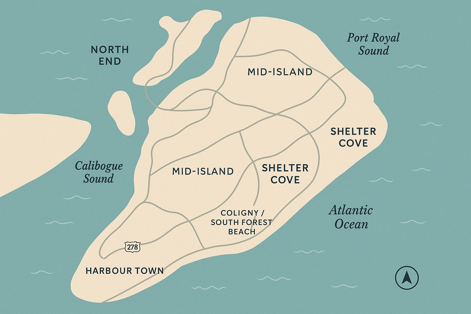 Stylized Hilton Head orientation map showing the north end, mid-island, Palmetto Dunes, Shelter Cove, Coligny, Sea Pines, Harbour Town, and the Savannah approach.